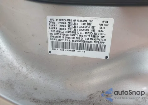 2005 Honda Odyssey Lx z USA, uszkodzony, nr VIN 5FNRL38215B005755